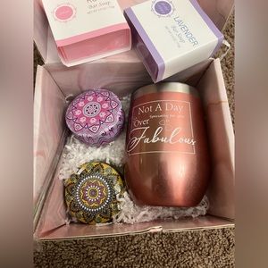 Thank you box, lavender and rose soap, candles and wine mug